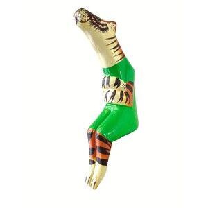 Vintage Yvens Leger Signed Haitian Hand Carved Wood Zebra Folk Art Shelf Sitter